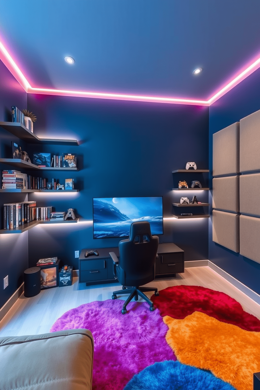 A modern video game room featuring sleek floating shelves that showcase an impressive collection of games and collectibles. The walls are painted in a deep navy blue, with ambient LED lighting highlighting the shelves and creating a cozy atmosphere. The room includes a comfortable gaming chair positioned in front of a large screen, with a stylish console table beneath it. Plush area rugs in vibrant colors add warmth to the space, while soundproofing panels on the walls ensure an immersive gaming experience.