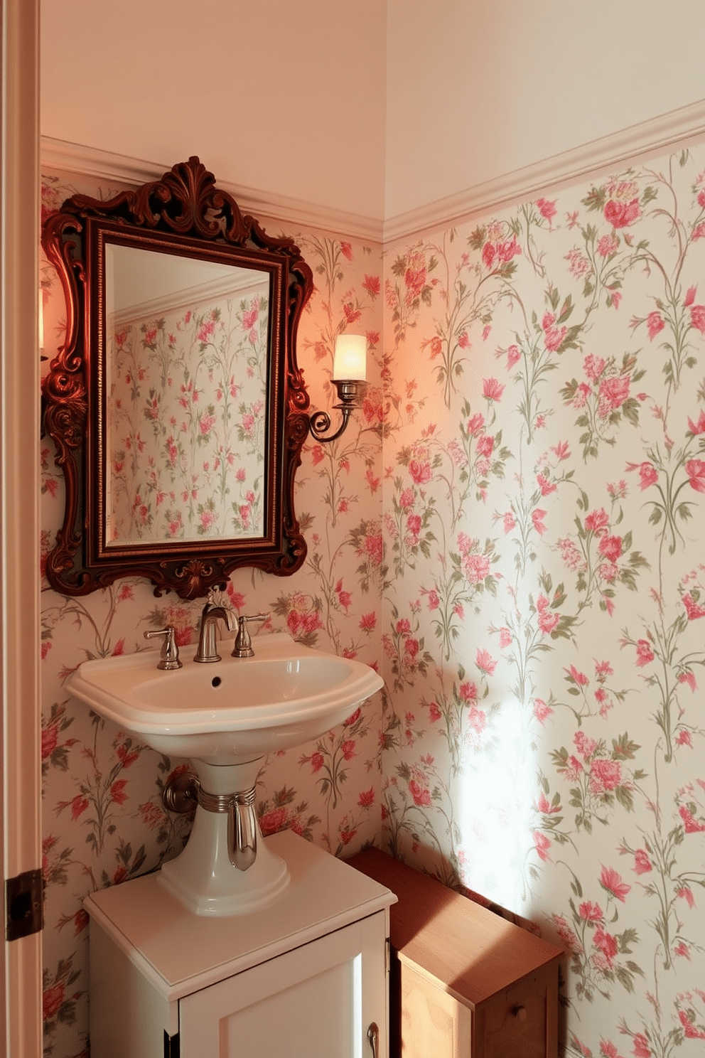 A vintage powder room adorned with charming floral wallpaper that creates a warm and inviting atmosphere. The space features a classic pedestal sink with a polished chrome faucet, complemented by a vintage-style mirror with an ornate frame. Soft, ambient lighting illuminates the room, enhancing the delicate patterns of the wallpaper. A small wooden cabinet beneath the sink provides storage while adding to the overall vintage aesthetic.