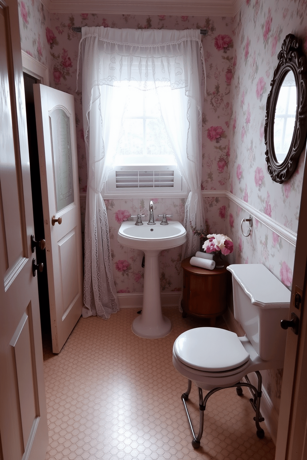 A charming vintage powder room featuring lace curtains that softly filter the light, creating an inviting atmosphere. The walls are adorned with floral wallpaper in pastel hues, complemented by a classic pedestal sink and an ornate mirror with a distressed finish. The floor is covered in elegant hexagonal tiles, enhancing the room's vintage appeal. A small wooden cabinet holds neatly rolled towels, while a delicate vase with fresh flowers adds a pop of color to the space.