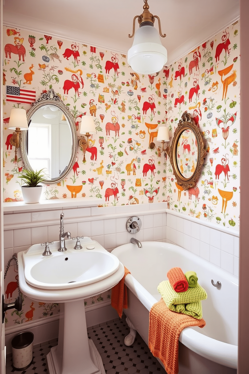 A whimsical powder room adorned with playful wallpaper featuring colorful, cartoonish patterns that bring a sense of joy and creativity to the space. The vintage-style fixtures, including a pedestal sink and a clawfoot bathtub, complement the lively wallpaper, creating a charming and inviting atmosphere. Delicate accents like a vintage mirror with an ornate frame and quirky light fixtures enhance the whimsical theme. A small potted plant on the windowsill adds a touch of greenery, while plush towels in vibrant colors are neatly arranged to complete the look.