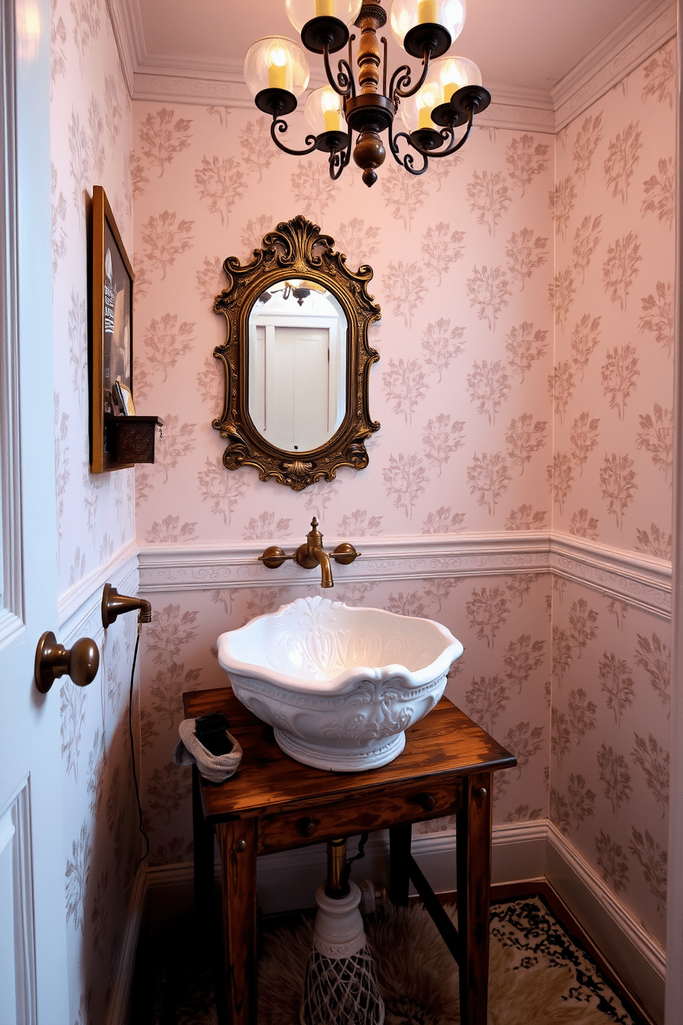 A vintage powder room featuring a stunning ceramic basin with intricate, ornate details. The walls are adorned with soft pastel wallpaper, and a classic chandelier hangs from the ceiling, casting a warm glow over the space. Antique brass fixtures complement the basin, while a rustic wooden vanity provides a charming contrast. A plush, patterned rug lies beneath, adding a touch of comfort and elegance to the overall design.