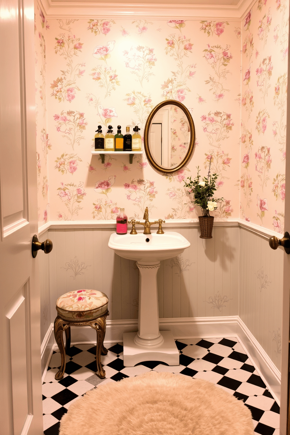 A charming vintage powder room featuring soft pastel walls adorned with delicate floral wallpaper. The space includes a vintage pedestal sink with ornate gold fixtures, complemented by a round mirror with an antique finish. Decorative accents include a collection of vintage perfume bottles displayed on a floating shelf and a small, ornate stool upholstered in a faded floral fabric. The floor is covered with a classic black-and-white checkered tile, and a plush area rug adds warmth to the room.