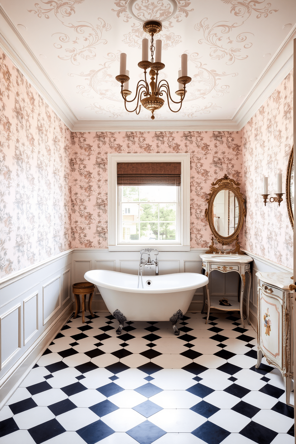 A vintage powder room featuring a freestanding bathtub positioned elegantly beneath a large window, allowing natural light to illuminate the space. The walls are adorned with intricate floral wallpaper, and a classic chandelier hangs from the ceiling, adding a touch of elegance to the design. The floor is covered with black and white checkered tiles, creating a timeless contrast with the soft pastel hues of the room. A vintage-style vanity with ornate detailing complements the bathtub, while decorative accents like a gilded mirror and antique sconces enhance the overall charm.