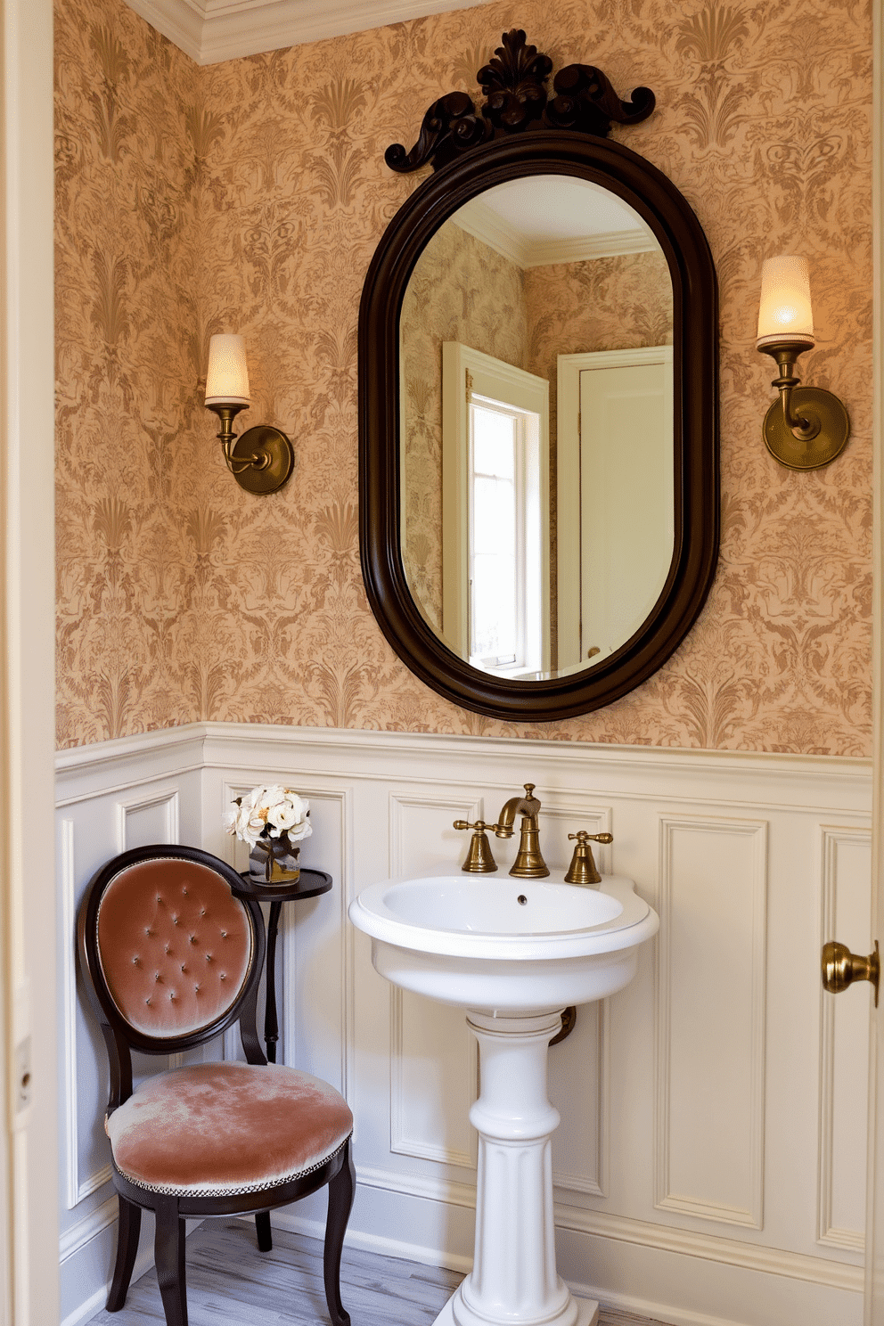 Classic wainscoting lines the walls of a vintage powder room, painted in a soft cream color that enhances the room's elegance. A decorative chair upholstered in rich velvet sits in one corner, complemented by a small antique table adorned with a delicate floral arrangement. The vintage-style sink features a polished brass faucet and is set against a backdrop of intricate wallpaper with a subtle damask pattern. A large, ornate mirror hangs above the sink, framed in dark wood, reflecting the warm light from a pair of sconces on either side.