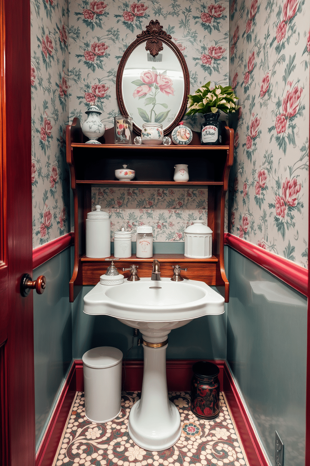 A charming vintage powder room features decorative soap dishes and jars displayed on a beautifully crafted wooden shelf. The walls are adorned with floral wallpaper, and the floor is covered in intricate mosaic tiles, creating a warm and inviting atmosphere.