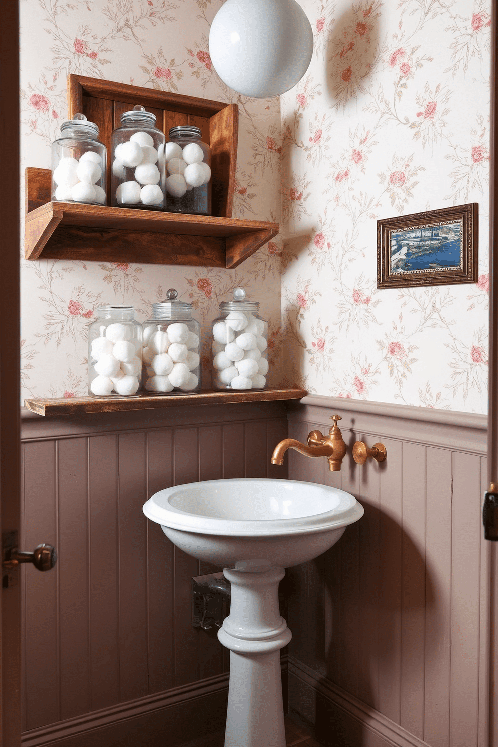 A charming vintage powder room featuring glass jars filled with cotton balls on a rustic wooden shelf. The walls are adorned with delicate floral wallpaper, and a classic pedestal sink sits elegantly in the corner, complemented by antique brass fixtures.