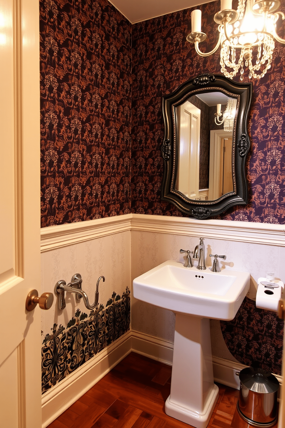 A vintage powder room featuring retro-style faucets with a modern twist. The walls are adorned with bold, patterned wallpaper, and a sleek pedestal sink complements the unique fixtures. A chic mirror with an ornate frame hangs above the sink, reflecting the warm light from an elegant chandelier. The flooring consists of rich hardwood, adding a touch of warmth to the vibrant decor.