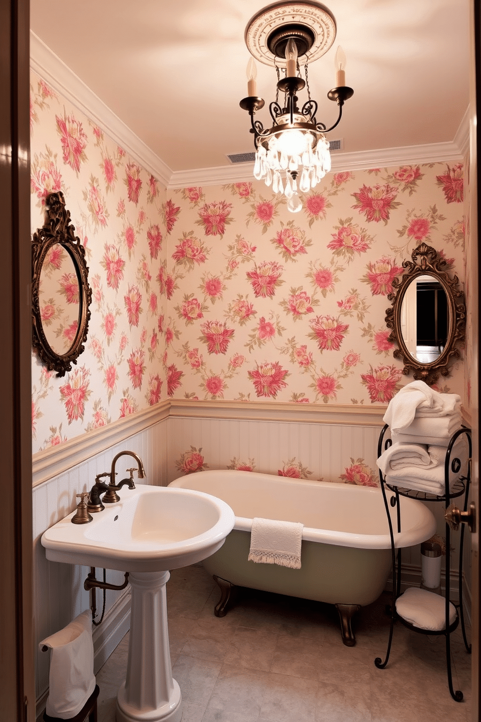 A vintage powder room featuring a stunning clawfoot tub with ornate antique fixtures. The walls are adorned with floral wallpaper, and a small chandelier hangs gracefully from the ceiling, casting a warm glow over the space. A pedestal sink with a classic design complements the tub, while an antique mirror with an intricate frame reflects the charming decor. Soft, plush towels are neatly arranged on a vintage-style rack, adding a touch of elegance to the inviting atmosphere.