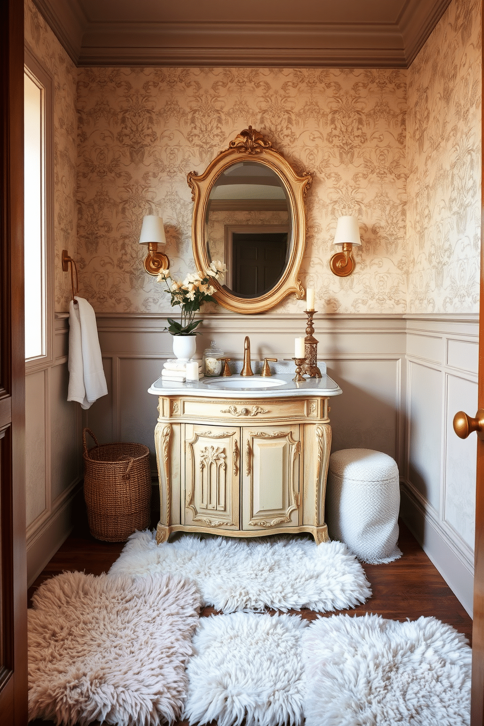 A cozy vintage powder room featuring soft, plush rugs that add warmth and comfort underfoot. The walls are adorned with intricate wallpaper in muted pastel tones, complemented by an antique vanity with a porcelain sink and a vintage-style mirror. Elegant brass fixtures enhance the classic charm, while decorative accents like a small potted plant and scented candles create a welcoming atmosphere. The plush rugs, in coordinating colors, invite guests to linger and enjoy the serene ambiance.