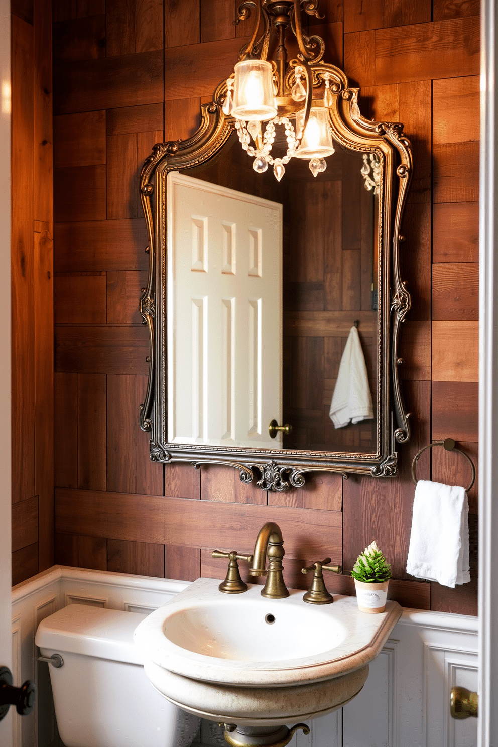 A vintage powder room exuding old-world charm features reclaimed wood paneling that adds warmth and character to the space. The antique-style sink is complemented by a brass faucet, while a large, ornate mirror hangs above, reflecting the room's rustic elegance. Soft, ambient lighting illuminates the room, enhancing the rich textures of the reclaimed wood. A delicate chandelier adds a touch of sophistication, creating a cozy yet stylish atmosphere perfect for guests.