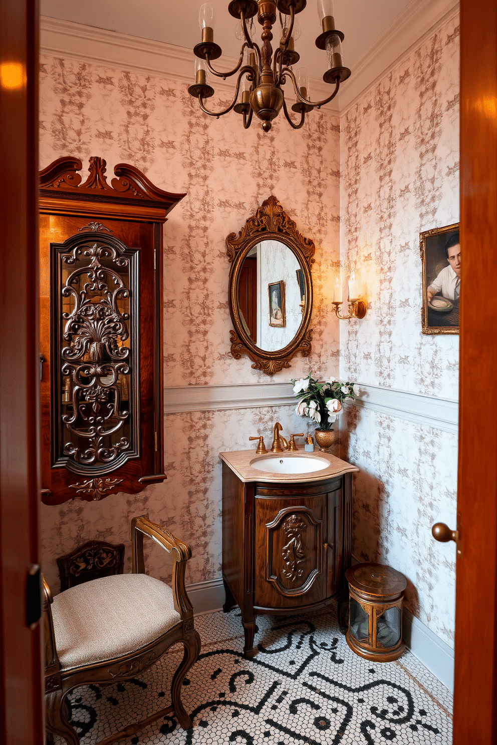 A vintage powder room features antique furniture pieces, including a beautifully carved wooden cabinet that provides unique storage. The walls are adorned with delicate floral wallpaper, and a vintage mirror hangs above a small, ornate sink with gold fixtures. The floor is covered with intricate mosaic tiles, adding character to the space. Soft lighting from a vintage chandelier creates an inviting atmosphere, highlighting the rich textures of the furniture and decor.