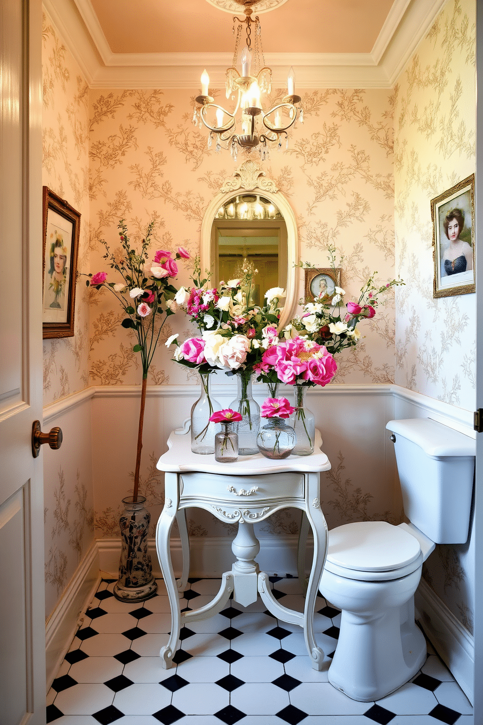 A charming vintage powder room featuring intricate floral arrangements in elegant vintage vases. The walls are adorned with soft pastel wallpaper, and the floor is laid with classic black and white tiles, creating a timeless atmosphere. A delicate chandelier hangs from the ceiling, casting a warm glow over the space. A small antique table displays a collection of vintage vases filled with fresh flowers, adding a touch of color and life to the room.