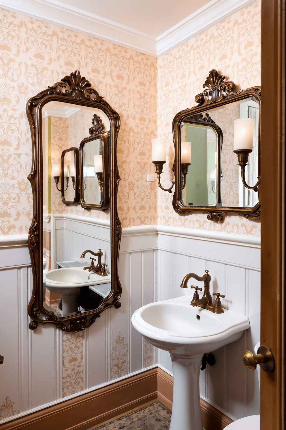 A vintage powder room featuring aged mirrors that reflect a sense of timeless elegance. The walls are adorned with intricate wallpaper in soft pastels, complemented by a classic pedestal sink and a brass faucet. A rich, dark wood vanity contrasts beautifully with the light-colored walls, providing ample storage while enhancing the room's sophistication. Antique sconces cast a warm glow, illuminating the space and highlighting the ornate details of the aged mirrors.