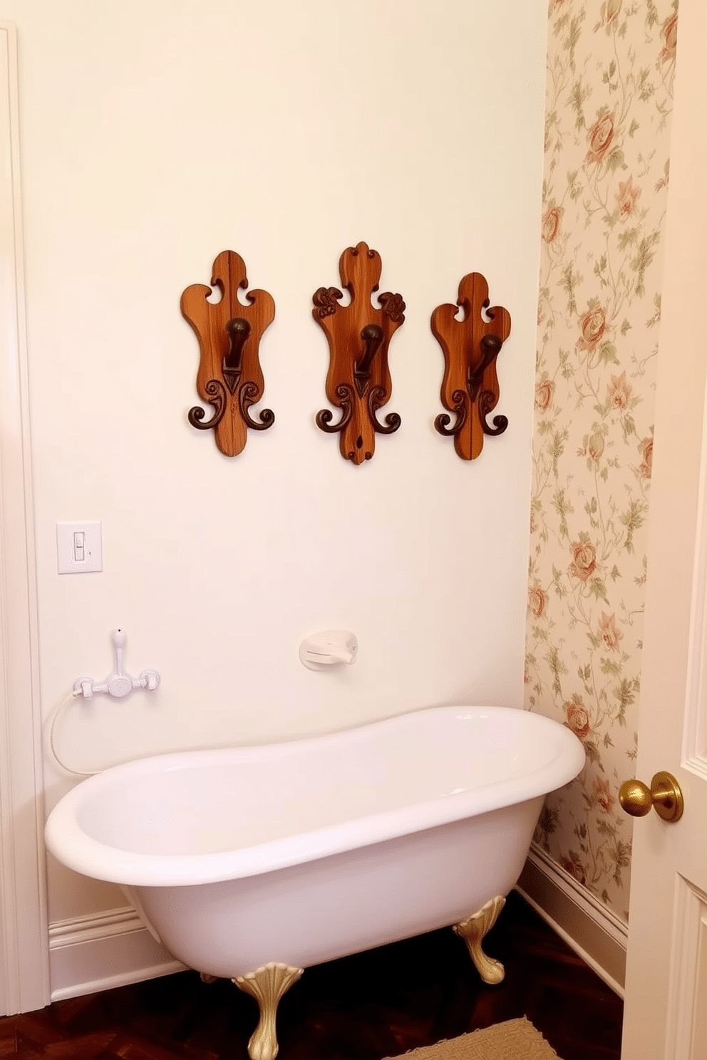 Charming wall-mounted coat hooks made of reclaimed wood, featuring intricate carvings and a rustic finish. The hooks are arranged in an artistic pattern against a soft, pastel-colored wall, creating a welcoming entryway. Vintage powder room design with a clawfoot bathtub, surrounded by delicate floral wallpaper in muted tones. A vintage-style pedestal sink complements the space, while antique brass fixtures add a touch of elegance.