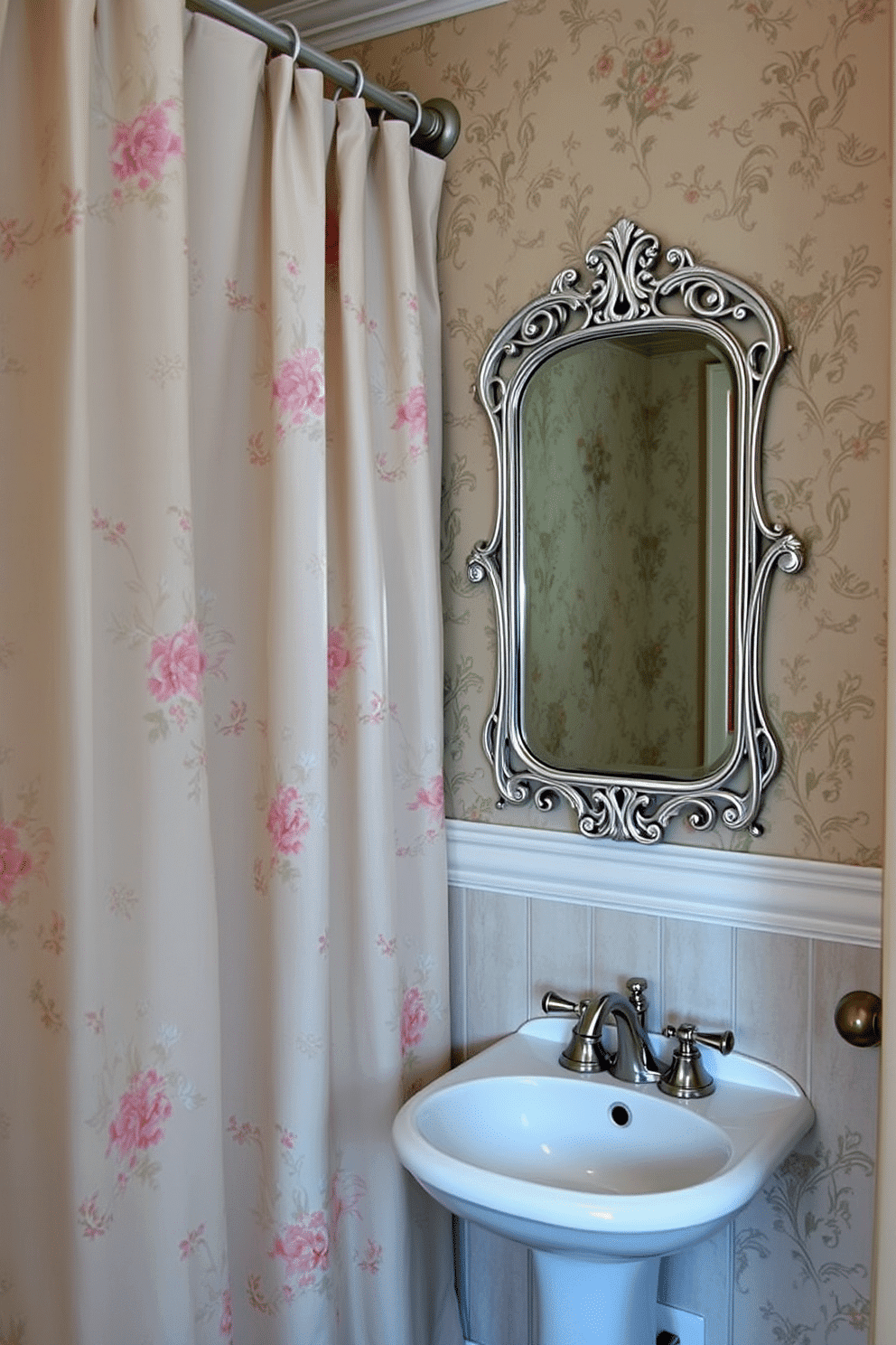 A vintage-inspired shower curtain features intricate floral patterns in soft pastel colors, evoking a sense of nostalgia and charm. The fabric drapes elegantly, adding a touch of whimsy to the bathroom while complementing antique fixtures. In a vintage powder room, the walls are adorned with delicate wallpaper showcasing classic motifs, creating an inviting atmosphere. A pedestal sink with a polished chrome faucet sits below a vintage mirror, enhancing the room's old-world elegance.