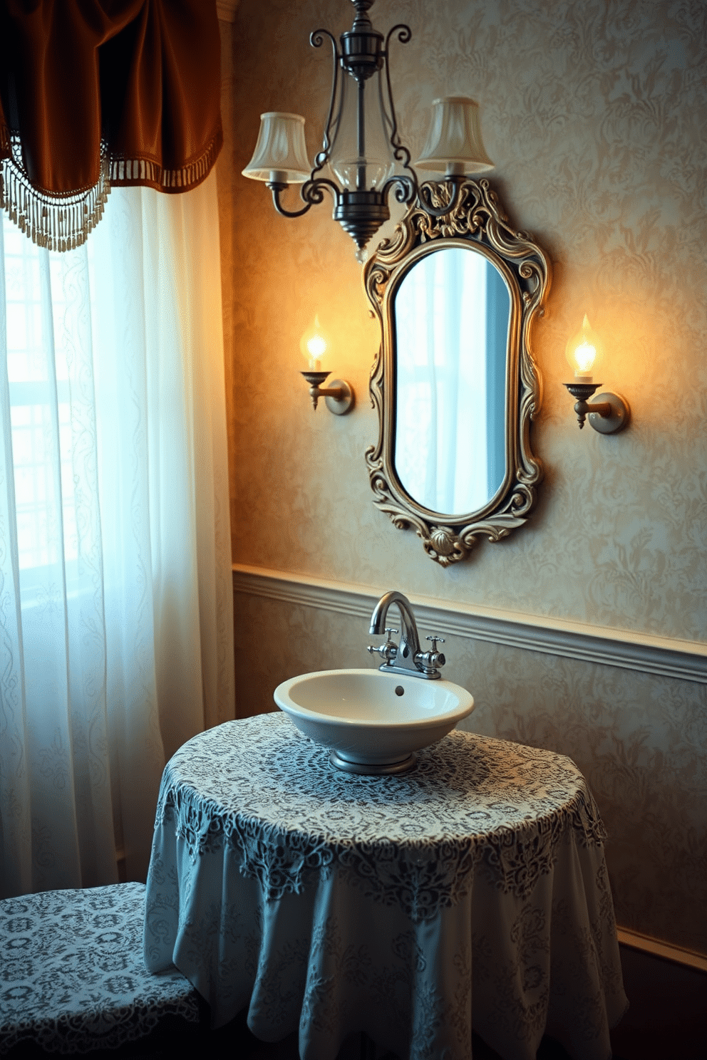 Elegant lace tablecloths drape gracefully over a polished mahogany dining table, adding a touch of sophistication to the setting. Soft, ambient lighting from a vintage chandelier enhances the delicate patterns of the lace, creating a warm and inviting atmosphere. The vintage powder room features a charming pedestal sink with a classic chrome faucet, surrounded by intricate wallpaper in soft pastel hues. An antique mirror with ornate detailing hangs above the sink, complemented by vintage sconces that cast a gentle glow, elevating the room's timeless elegance.