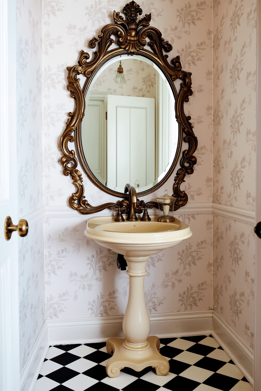 A charming pedestal sink stands elegantly in the center of a vintage powder room, complemented by a beautifully ornate vintage mirror hanging above it. The walls are adorned with delicate floral wallpaper, and the floor features classic black and white checkered tiles, enhancing the room's timeless appeal.