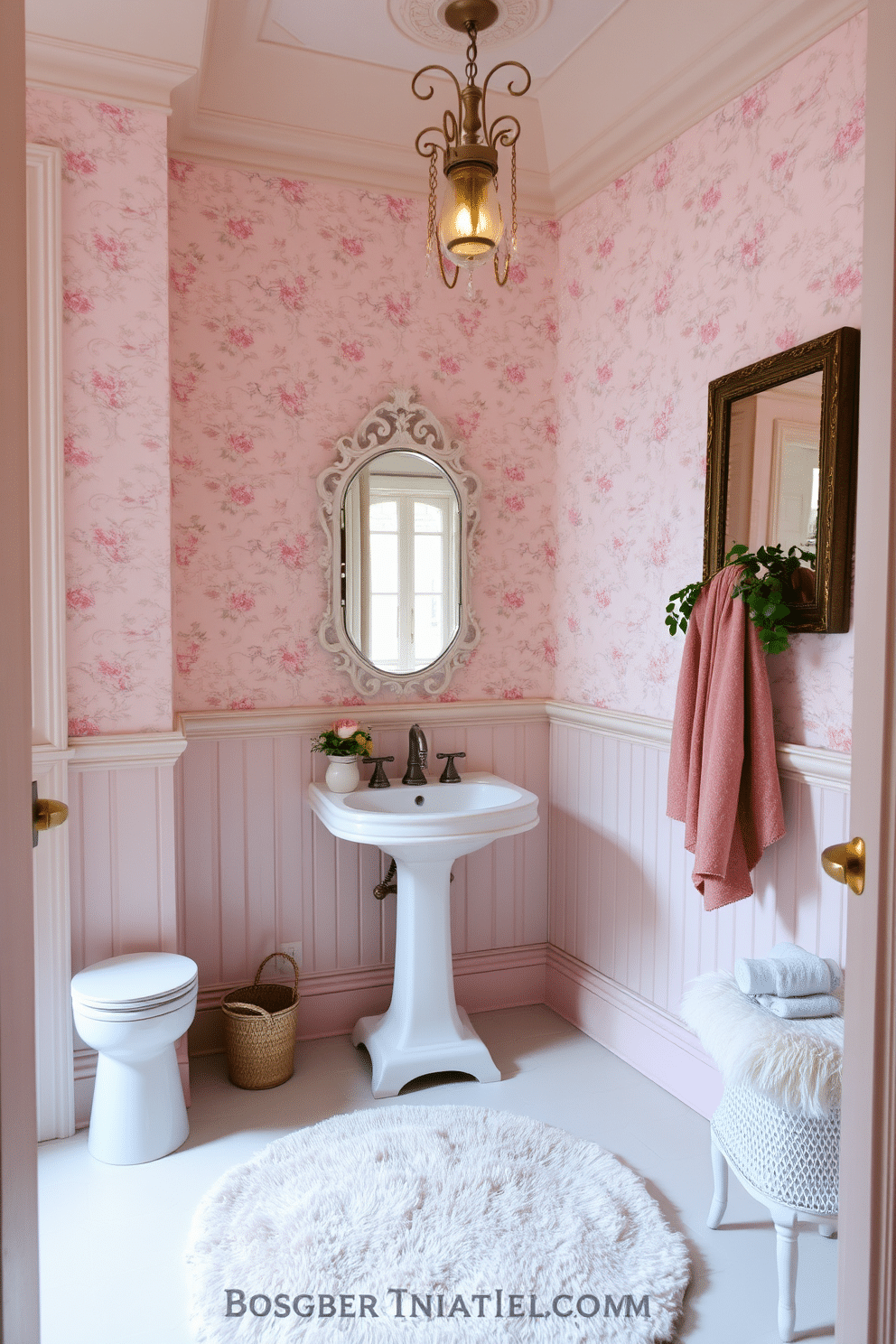 A vintage powder room featuring soft pastel colors that evoke a calming atmosphere. The walls are adorned with delicate floral wallpaper, and a charming pedestal sink sits in the corner, complemented by a vintage-style mirror with an ornate frame. A small chandelier hangs from the ceiling, casting a warm glow over the space. The floor is laid with light-colored hexagonal tiles, and a plush, pastel-hued rug adds a touch of comfort underfoot.