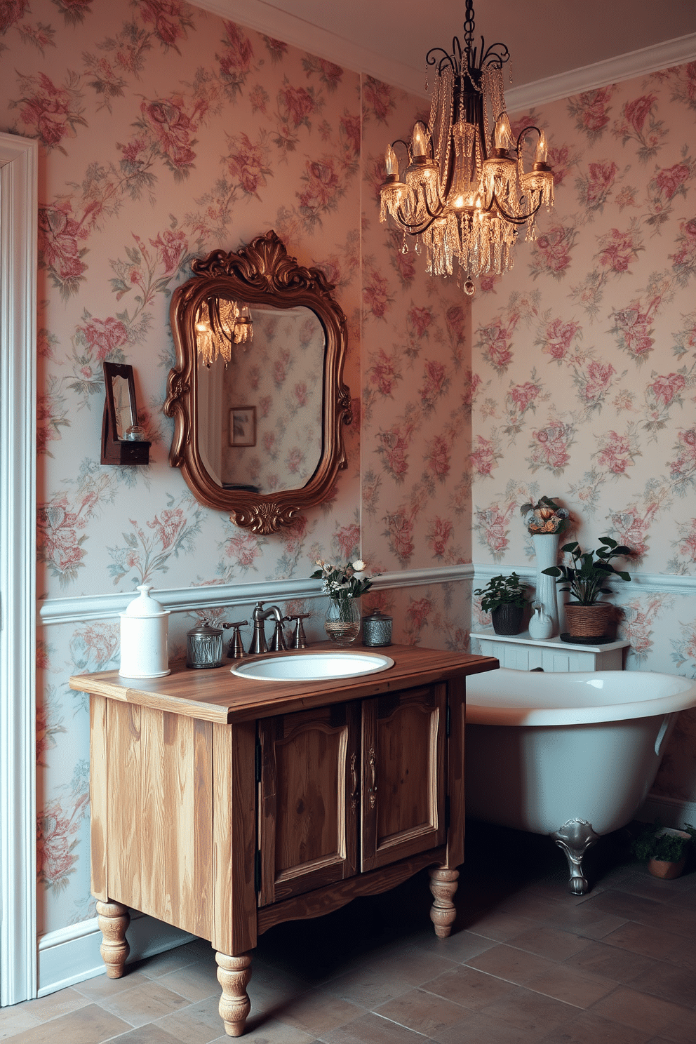 A rustic wood vanity with a distressed finish stands against the wall, showcasing its unique grain and texture. Above the vanity, a vintage-style mirror with an ornate frame reflects the warm glow of a chandelier hanging from the ceiling. The walls are adorned with floral wallpaper in soft pastel colors, creating a charming and inviting atmosphere. A clawfoot bathtub sits in the corner, surrounded by potted plants and vintage accessories that enhance the room's character.