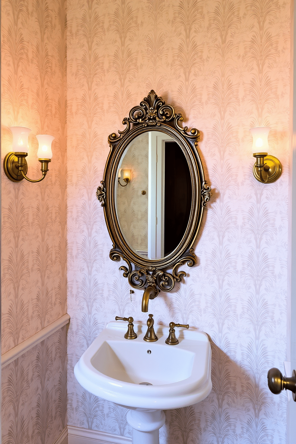 A vintage powder room featuring antique brass sconces that provide warm, inviting lighting. The walls are adorned with intricate wallpaper in soft pastel tones, complemented by a classic pedestal sink and a decorative mirror with an ornate frame.