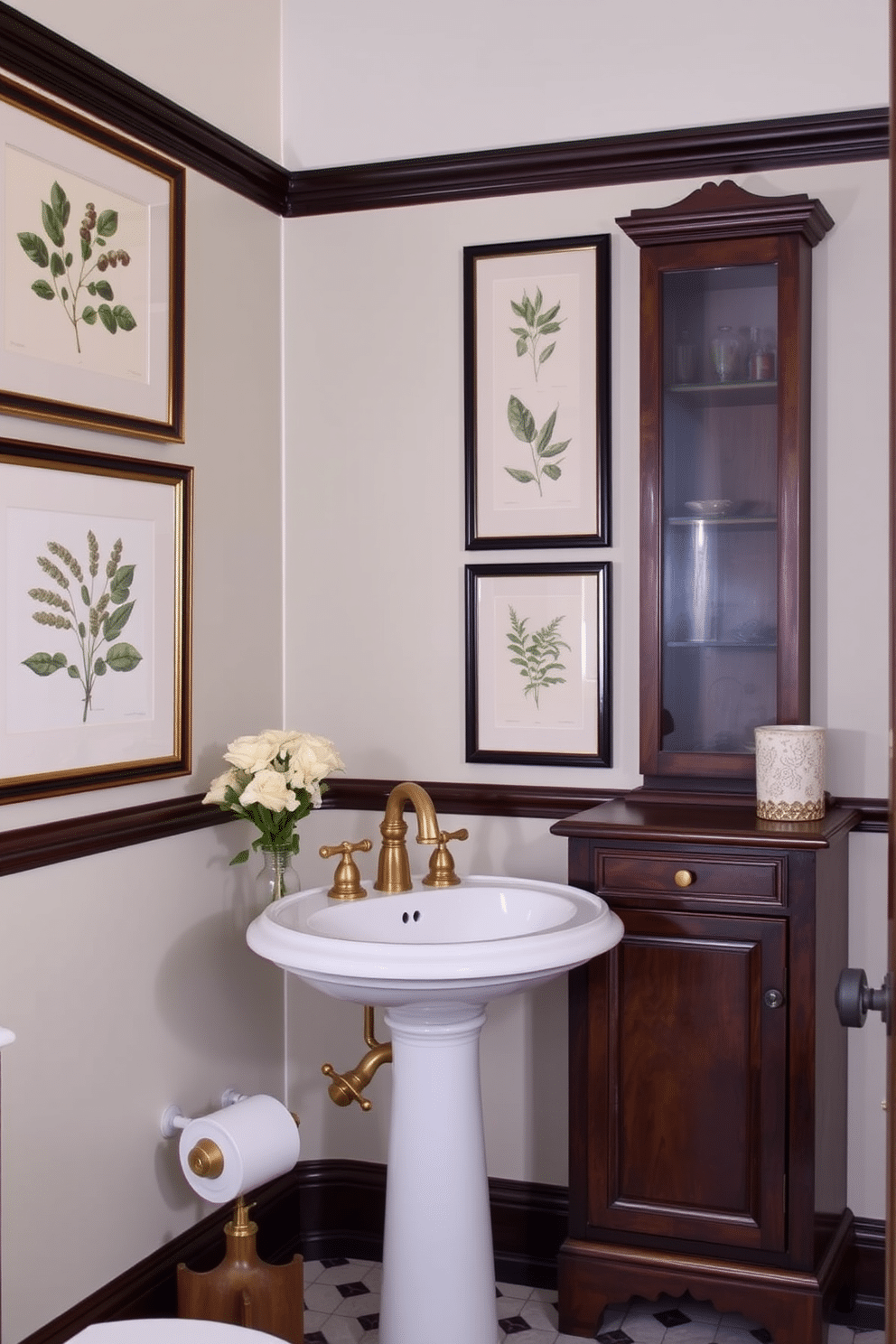 A vintage powder room adorned with framed botanical prints on the walls, showcasing a harmonious blend of nature and elegance. The space features a classic pedestal sink with a polished brass faucet, complemented by a rich, dark wood vanity that adds warmth and character.