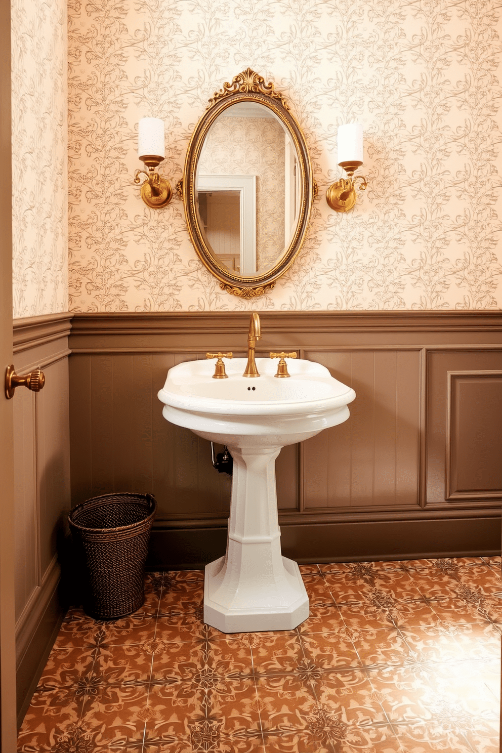 A vintage powder room featuring intricately patterned floor tiles in muted earth tones, creating a warm and inviting atmosphere. The walls are adorned with soft pastel wallpaper, complementing a classic pedestal sink with gold fixtures and a vintage-style mirror above it.