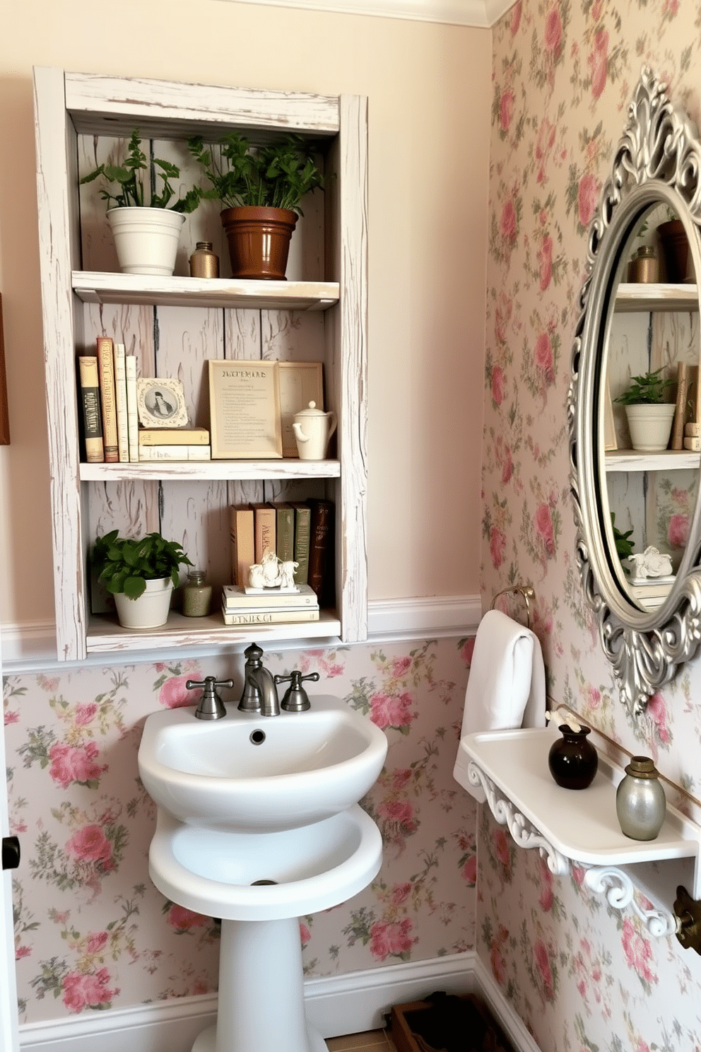 Cottage-style shelving for decorative items. The shelves are made of reclaimed wood, featuring a distressed white finish, adorned with an array of potted plants, vintage books, and charming trinkets. Vintage powder room design ideas. The space showcases a pedestal sink with a classic faucet, complemented by a floral wallpaper in soft pastels and a vintage-inspired mirror with an ornate frame.