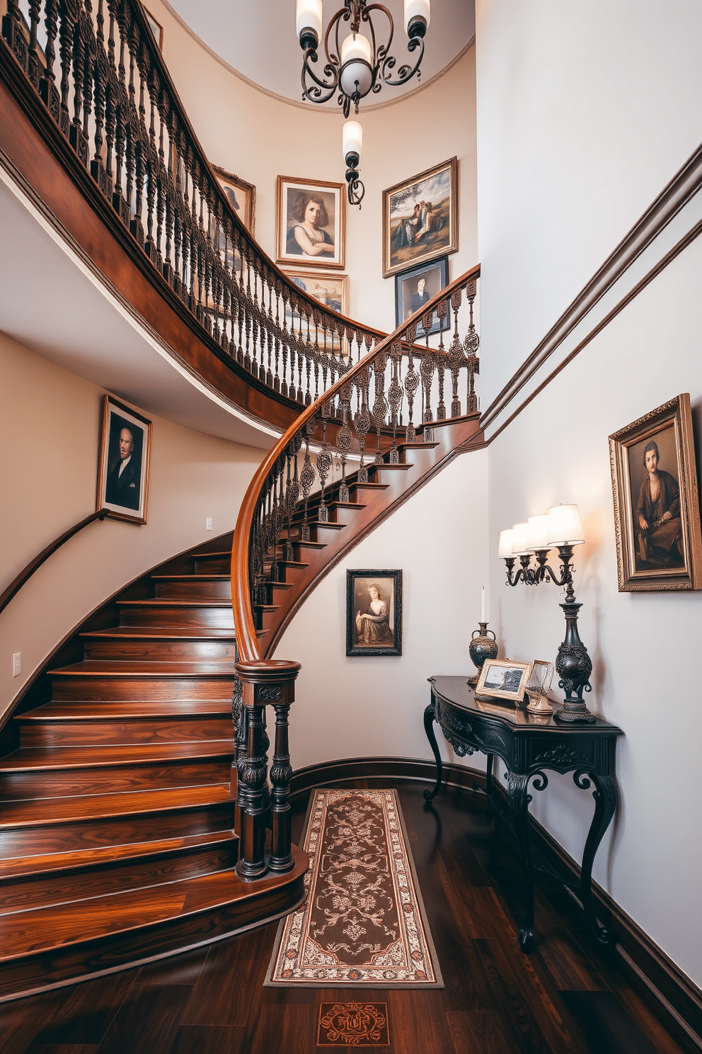 A stunning curved wooden staircase featuring intricate, ornate railings that gracefully sweep upwards. The steps are finished in a rich mahogany stain, contrasting beautifully with the soft, neutral-toned walls adorned with classic artwork. At the base of the staircase, a vintage-style runner adds a touch of warmth and elegance, while a decorative console table sits nearby, showcasing antique decor pieces. Elegant lighting fixtures hang above, casting a warm glow that highlights the craftsmanship of the staircase design.