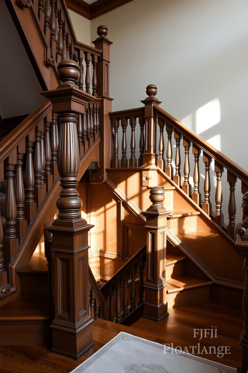 A grand antique staircase featuring intricately carved newel posts that showcase exquisite craftsmanship. The balustrade is adorned with ornate spindles, and the treads are made of rich, polished hardwood, creating a warm and inviting atmosphere. Soft, ambient lighting highlights the staircase's details, casting gentle shadows that enhance its vintage charm. A plush runner in a complementary color adds comfort and style, guiding visitors up to the upper level with elegance.