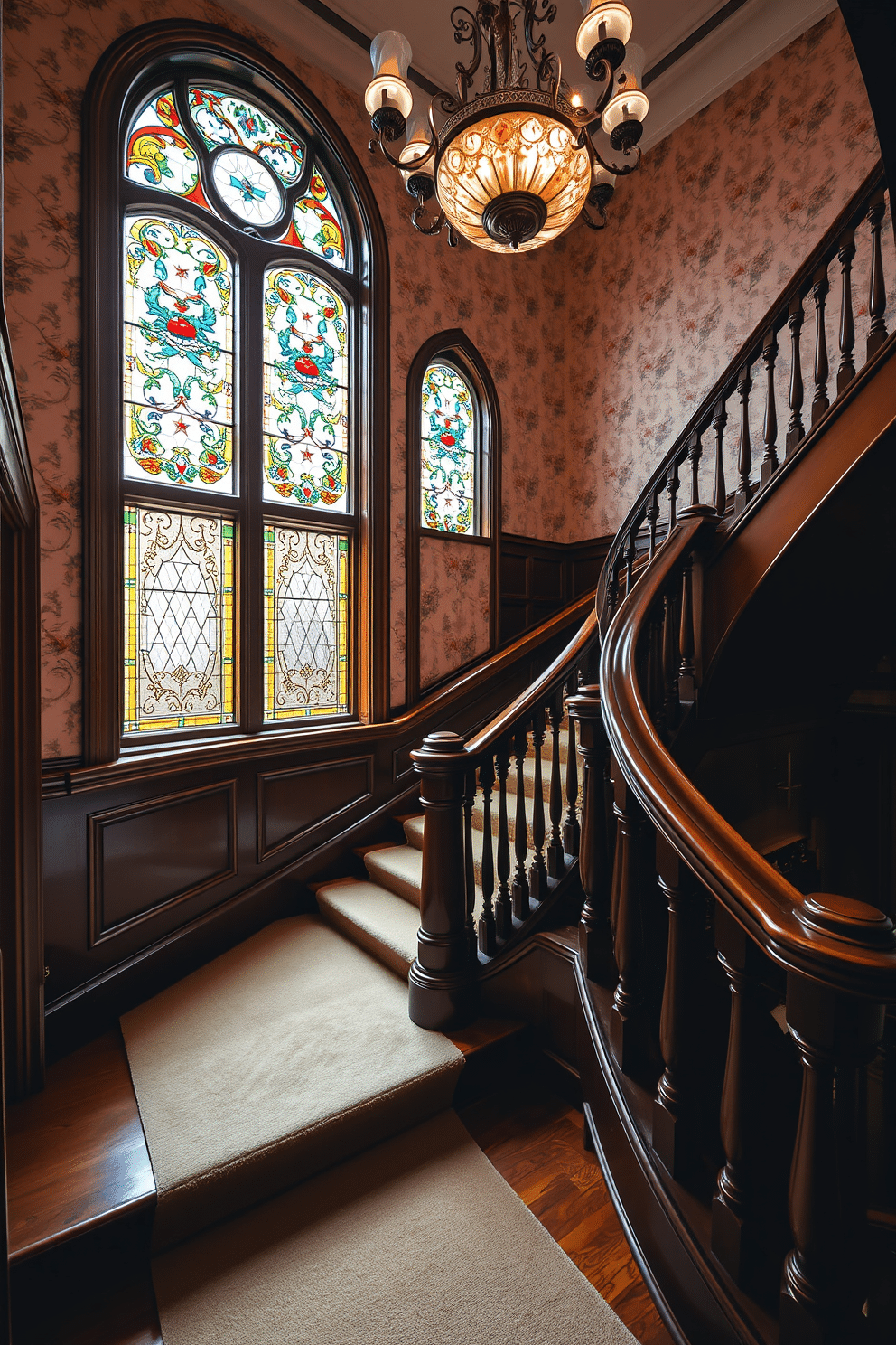 A grand staircase curves elegantly, adorned with intricate stained glass windows that filter colorful light into the space. The wooden banister, polished to a high sheen, complements the rich tones of the staircase, while a plush runner adds warmth and texture underfoot. The walls are embellished with vintage wallpaper, featuring delicate floral patterns that enhance the staircase's classic charm. A striking chandelier hangs above, casting a soft glow that highlights the beauty of the stained glass and invites admiration from every angle.