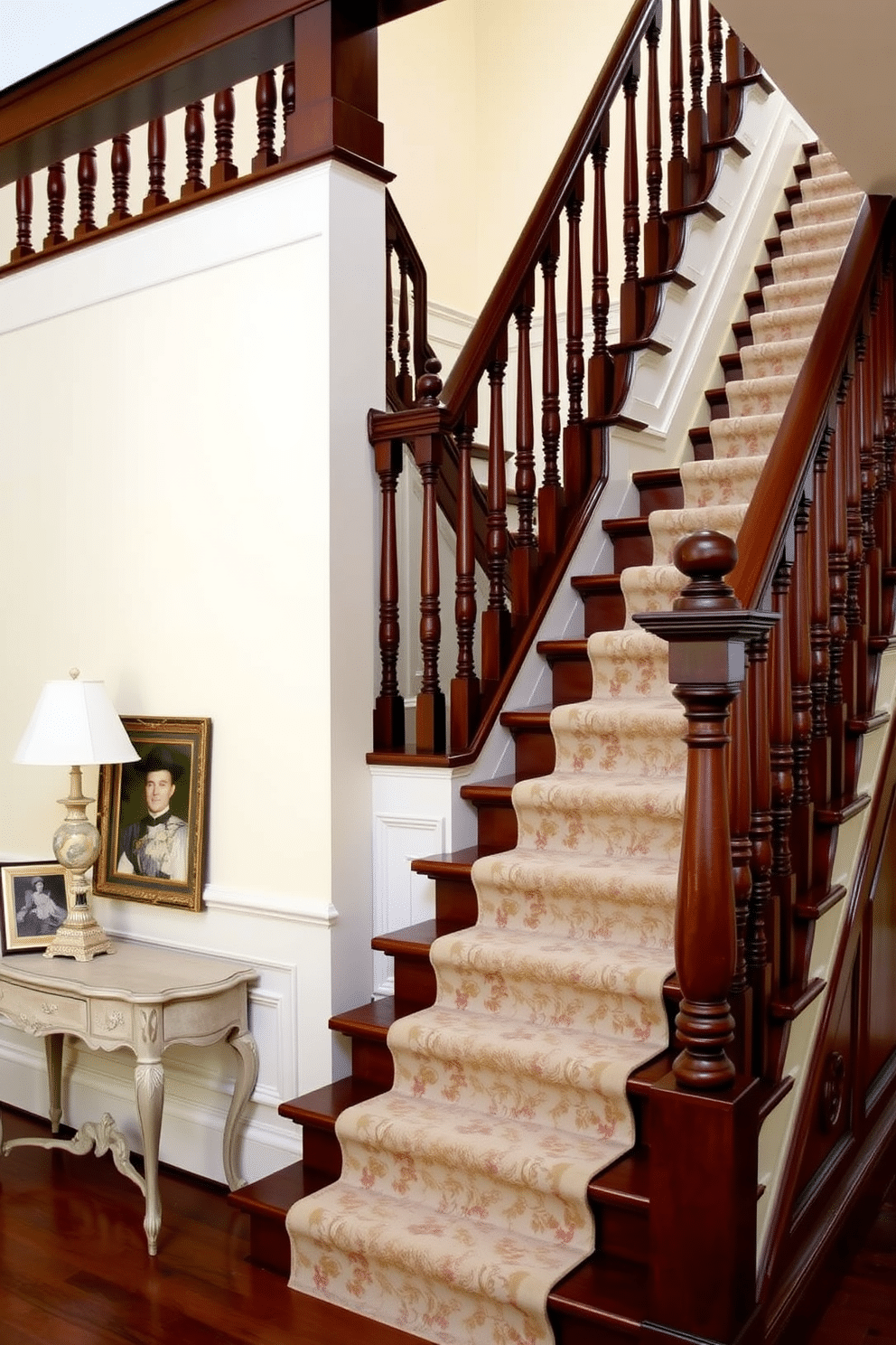 A grand Colonial-style staircase features elegant turned spindles crafted from rich mahogany, leading gracefully to the upper level. The staircase is framed by intricate wainscoting, with a plush runner in a muted floral pattern cascading down the steps. At the base of the staircase, a vintage console table is adorned with a decorative lamp and a framed family portrait. The walls are painted in a soft cream hue, enhancing the classic charm of the space while allowing the staircase to be the focal point.