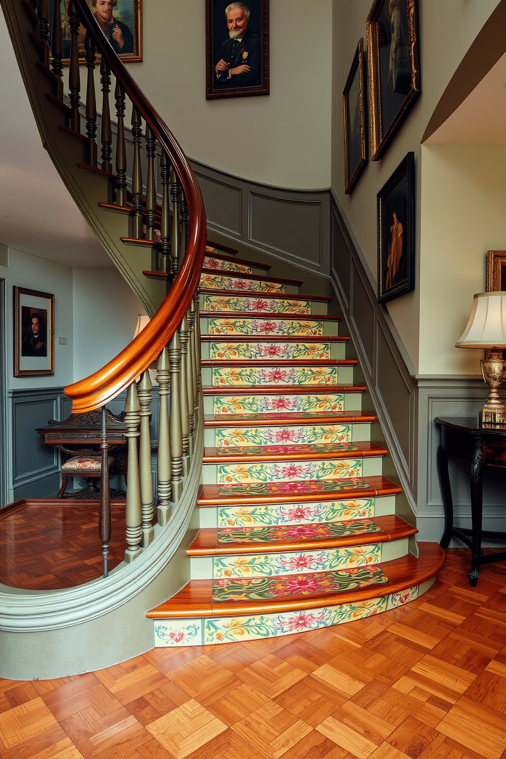 A stunning curved staircase gracefully ascends, featuring intricately painted risers that showcase a vibrant floral pattern. The handrail is crafted from polished wood, complementing the elegant design while the surrounding walls are adorned with tasteful artwork, enhancing the vintage charm.