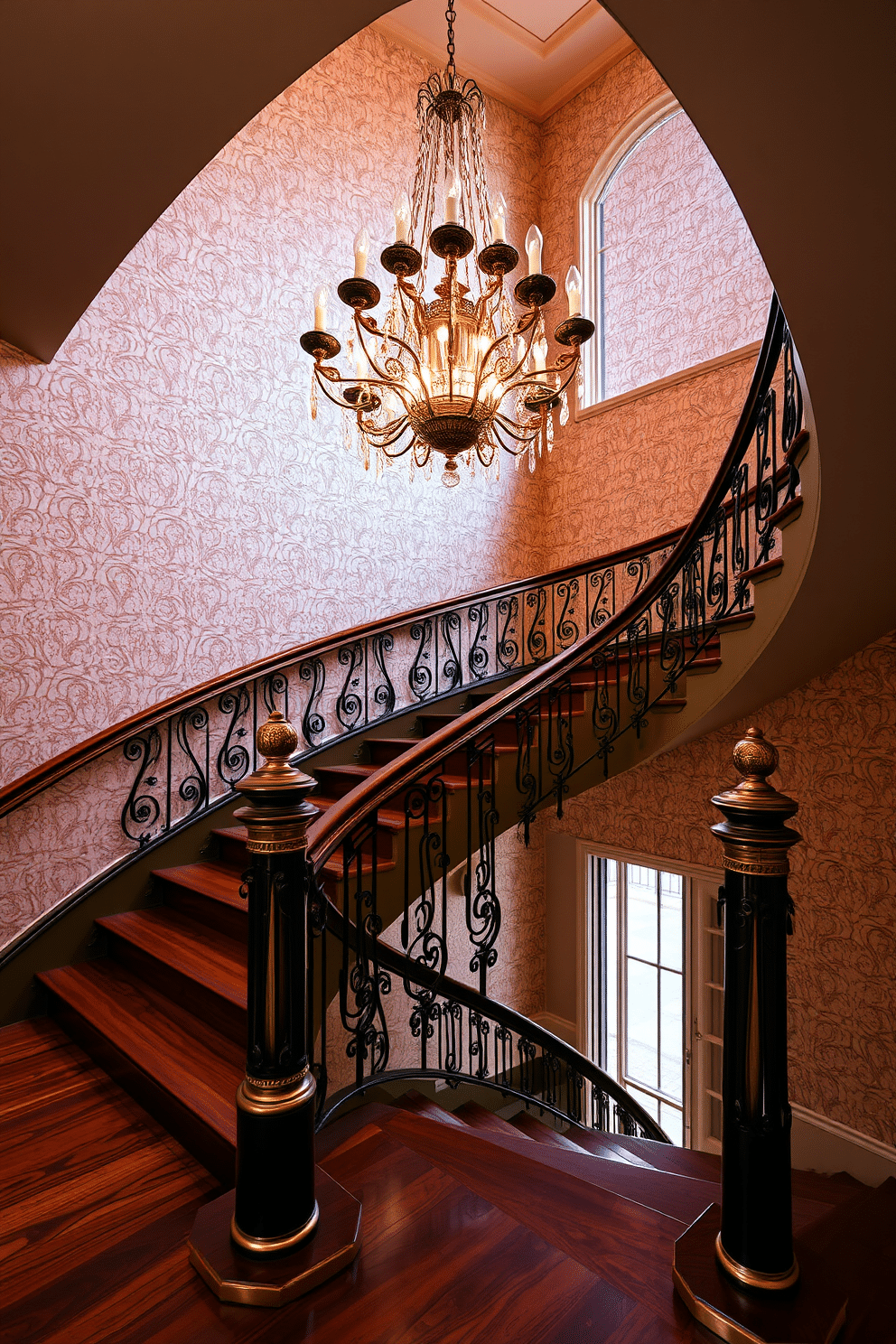 An elegant staircase featuring a sweeping design with polished wooden steps and intricate wrought iron railings. Brass accents adorn the balusters and newel posts, adding a touch of luxury and warmth to the overall aesthetic. The staircase is illuminated by a stunning chandelier that hangs gracefully from the ceiling, casting a soft glow on the surrounding area. Richly textured wallpaper in a muted tone complements the staircase, enhancing the vintage charm of the space.