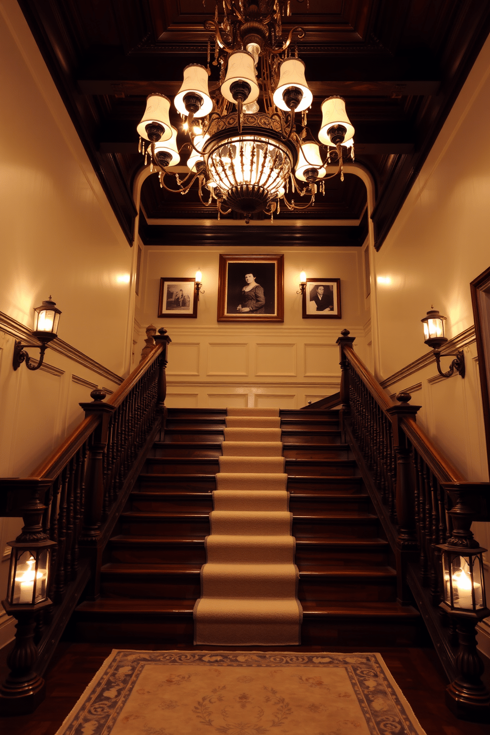 A grand staircase adorned with vintage lanterns casting a warm glow. The wooden steps are intricately carved, leading up to a landing with a plush runner that complements the rich, dark wood finish. The walls are lined with elegant wainscoting, painted in a soft cream color. Above, a stunning chandelier adds a touch of opulence, while framed black-and-white photographs enhance the vintage charm.