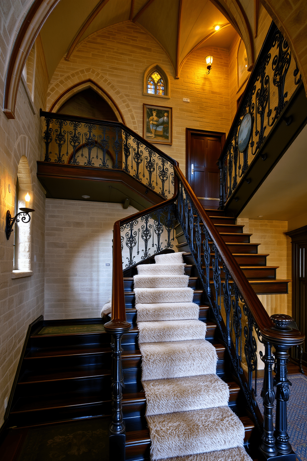 A dramatic Gothic staircase featuring pointed arches and intricate wrought iron railings. The staircase is adorned with dark wood steps that contrast beautifully against the light stone walls, creating a striking visual effect. Vintage staircase design ideas incorporate ornate balusters and a richly stained handrail. Soft, ambient lighting highlights the craftsmanship of the staircase, while a plush runner adds warmth and texture to the space.