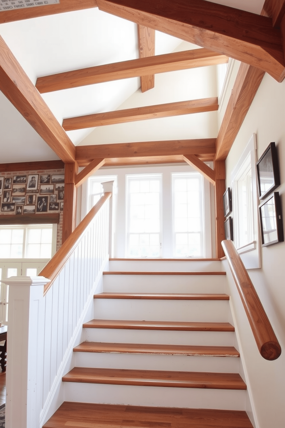 A charming farmhouse-style staircase features exposed barn wood beams and a wide, inviting staircase. The steps are finished with a distressed white paint, complementing the rustic aesthetic of the surrounding decor. Natural light floods the space through large windows, illuminating the warm tones of the wood. A collection of vintage photographs adorns the walls, enhancing the nostalgic feel of the design.