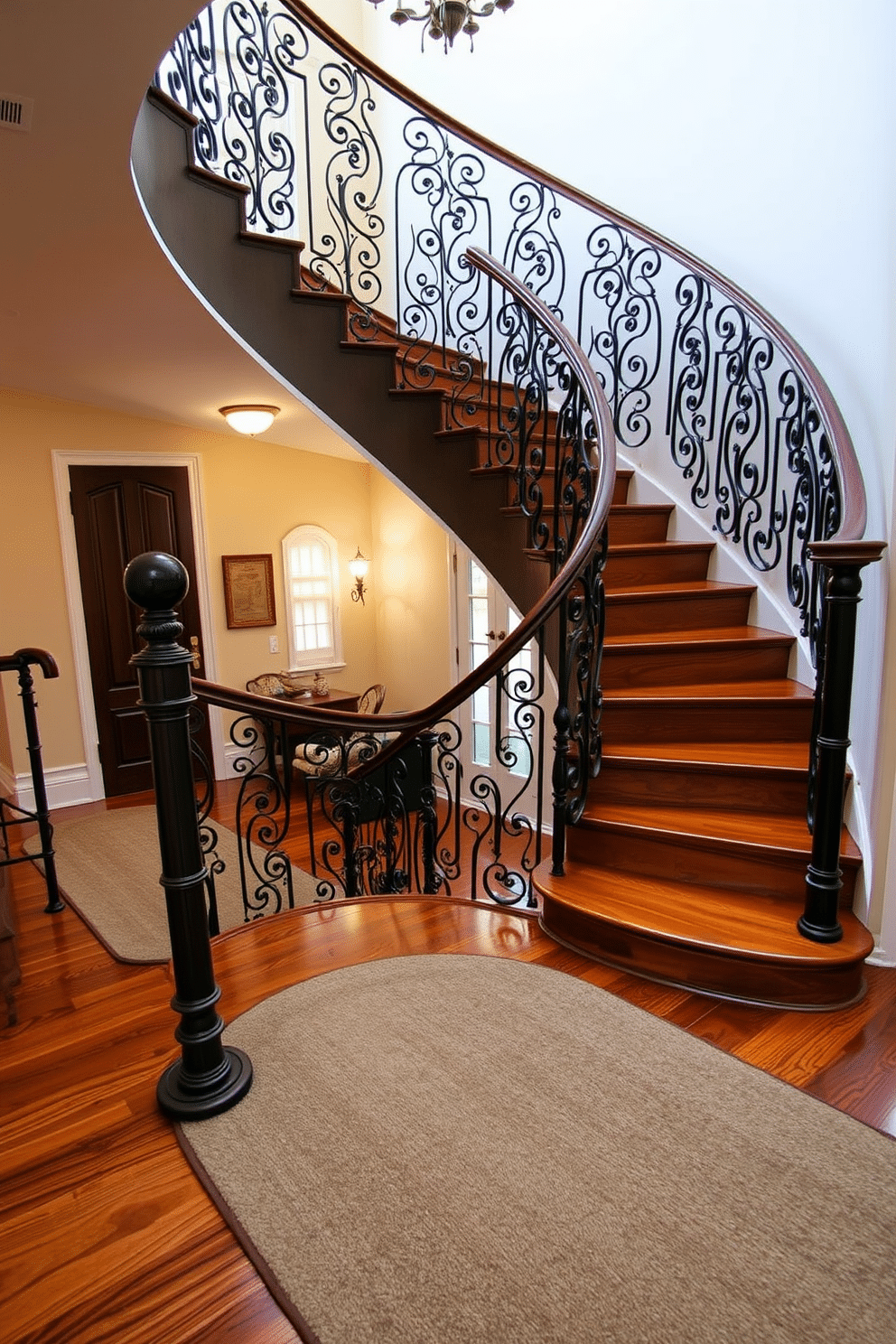 A stunning curved iron staircase gracefully ascends, featuring rich wooden treads that add warmth and elegance to the design. The intricate ironwork showcases a blend of vintage charm and modern craftsmanship, making it a focal point in the entryway. The staircase is flanked by ornate balusters that echo the vintage aesthetic, with a soft, ambient light illuminating the space. A plush runner carpet in a complementary color enhances the staircase's beauty while providing comfort underfoot.