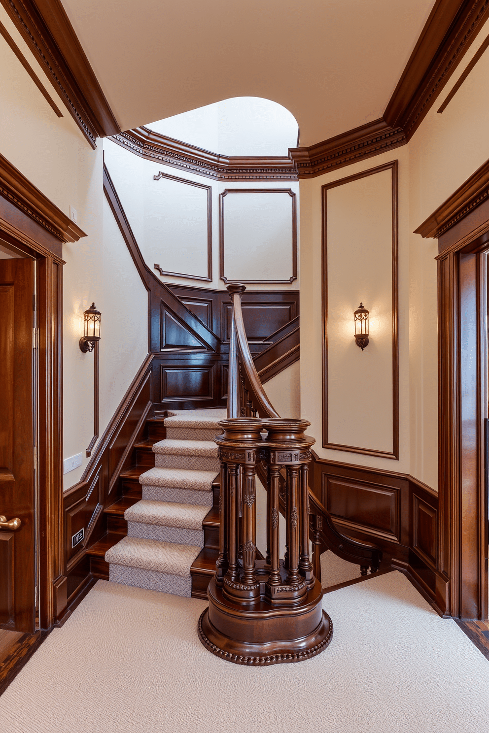 A traditional staircase with elegant decorative molding that showcases intricate woodwork. The staircase is adorned with a rich, dark wood finish, complemented by a plush runner in a classic pattern. The walls flanking the staircase are painted in a soft cream color, enhancing the warmth of the wood. Vintage-inspired sconces illuminate the space, casting a warm glow on the detailed moldings and creating an inviting atmosphere.