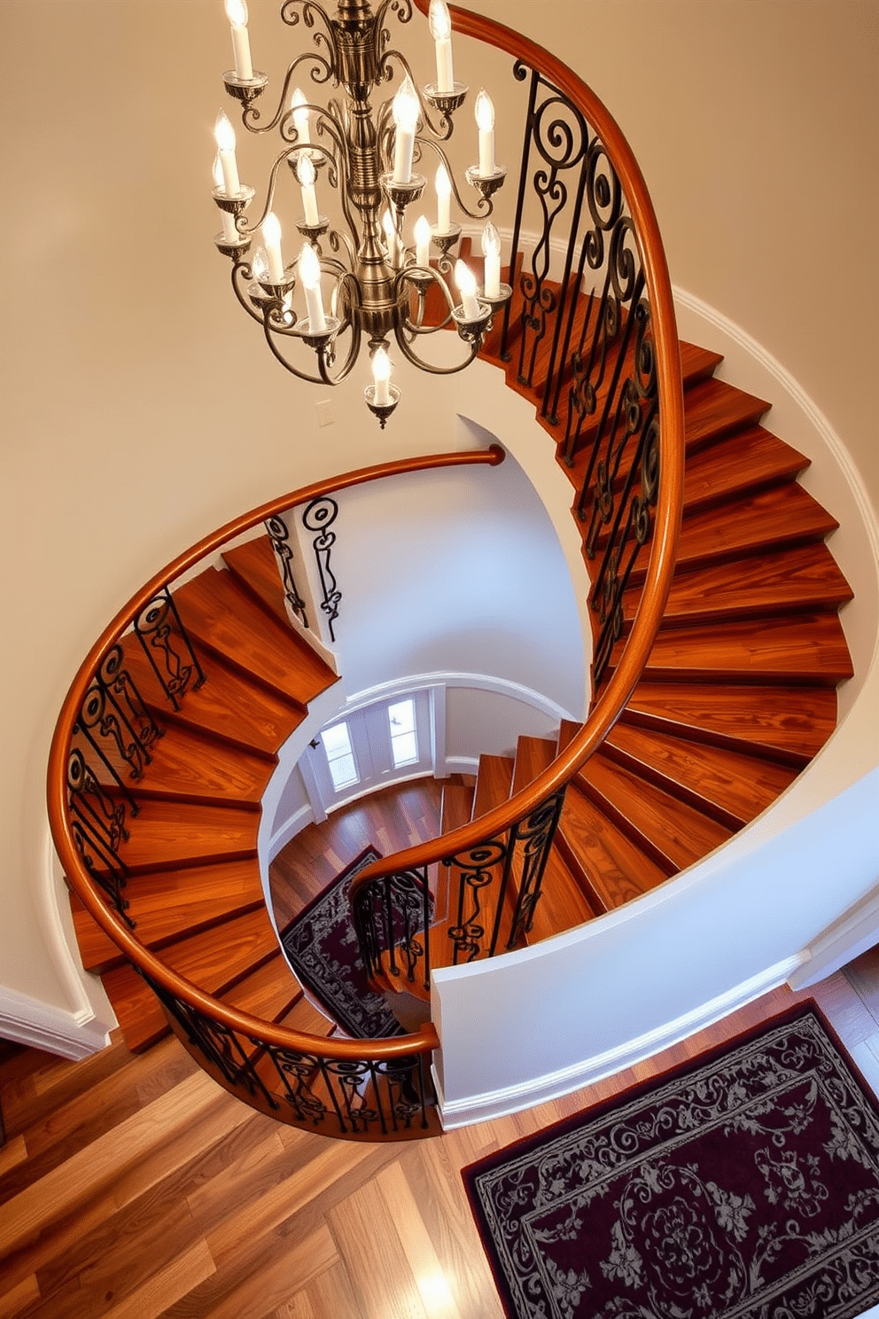 A stunning spiral staircase with intricate wrought iron details elegantly spirals upwards, featuring a rich wooden handrail that complements the ornate ironwork. The staircase is illuminated by a grand chandelier above, casting a warm glow on the polished wooden steps and highlighting the craftsmanship of the design. The vintage staircase design showcases a blend of classic and contemporary elements, with beautifully carved balusters and a soft, muted color palette. Richly patterned runner carpet adds a touch of luxury, creating a striking contrast against the hardwood flooring beneath.