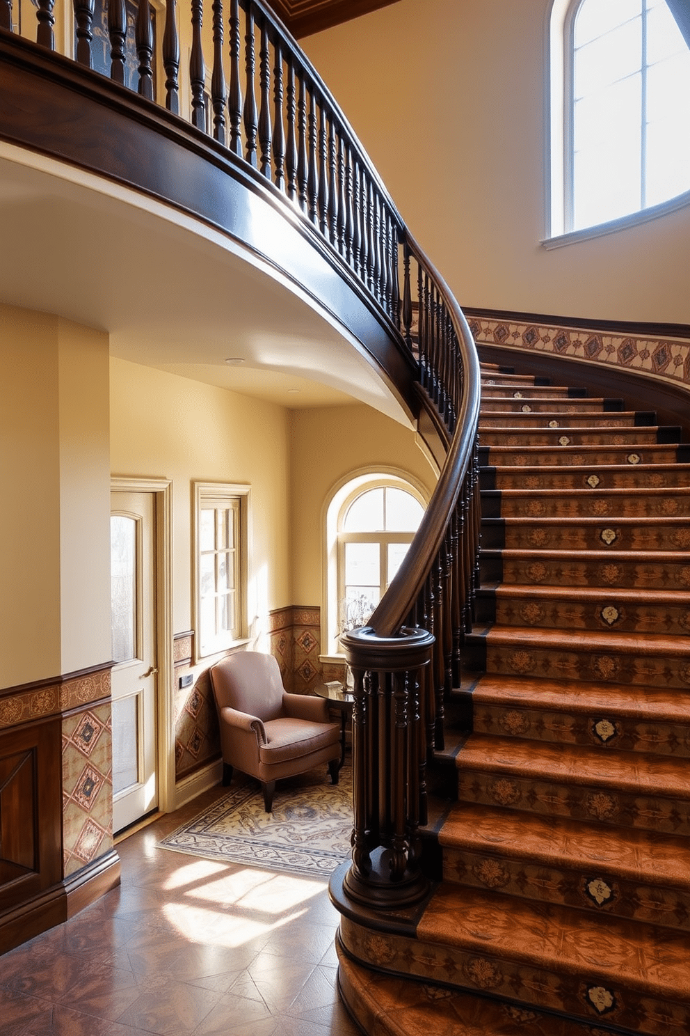 A grand staircase adorned with vintage tile accents, featuring intricate patterns in earthy tones. The wooden banister is elegantly curved, complementing the rich textures of the surrounding walls painted in a soft cream hue. Beneath the staircase, a cozy nook is created with a plush armchair and a small side table. Warm light filters through a nearby window, casting gentle shadows on the beautifully tiled steps.