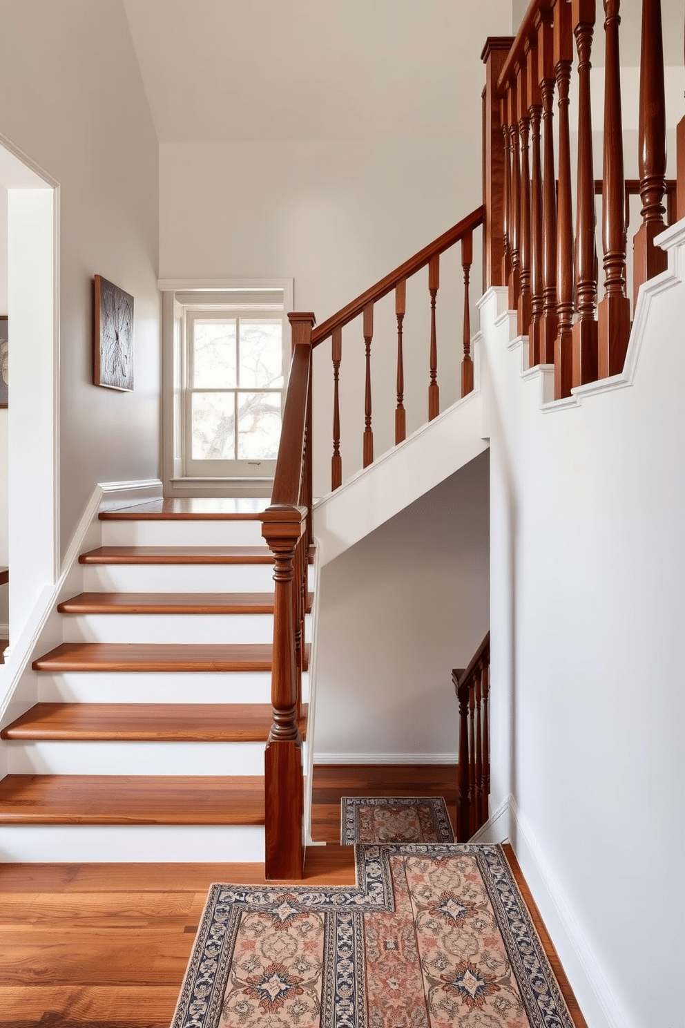 A mid-century modern staircase features sleek lines and a minimalist design, with wooden treads and an open riser concept that enhances the sense of space. The handrail is crafted from polished metal, seamlessly integrating with the overall aesthetic while offering a touch of elegance. For vintage staircase design ideas, envision ornate wooden balusters and a richly stained handrail that exudes classic charm. The staircase is adorned with a patterned runner, adding warmth and character to the space while complementing the vintage decor surrounding it.