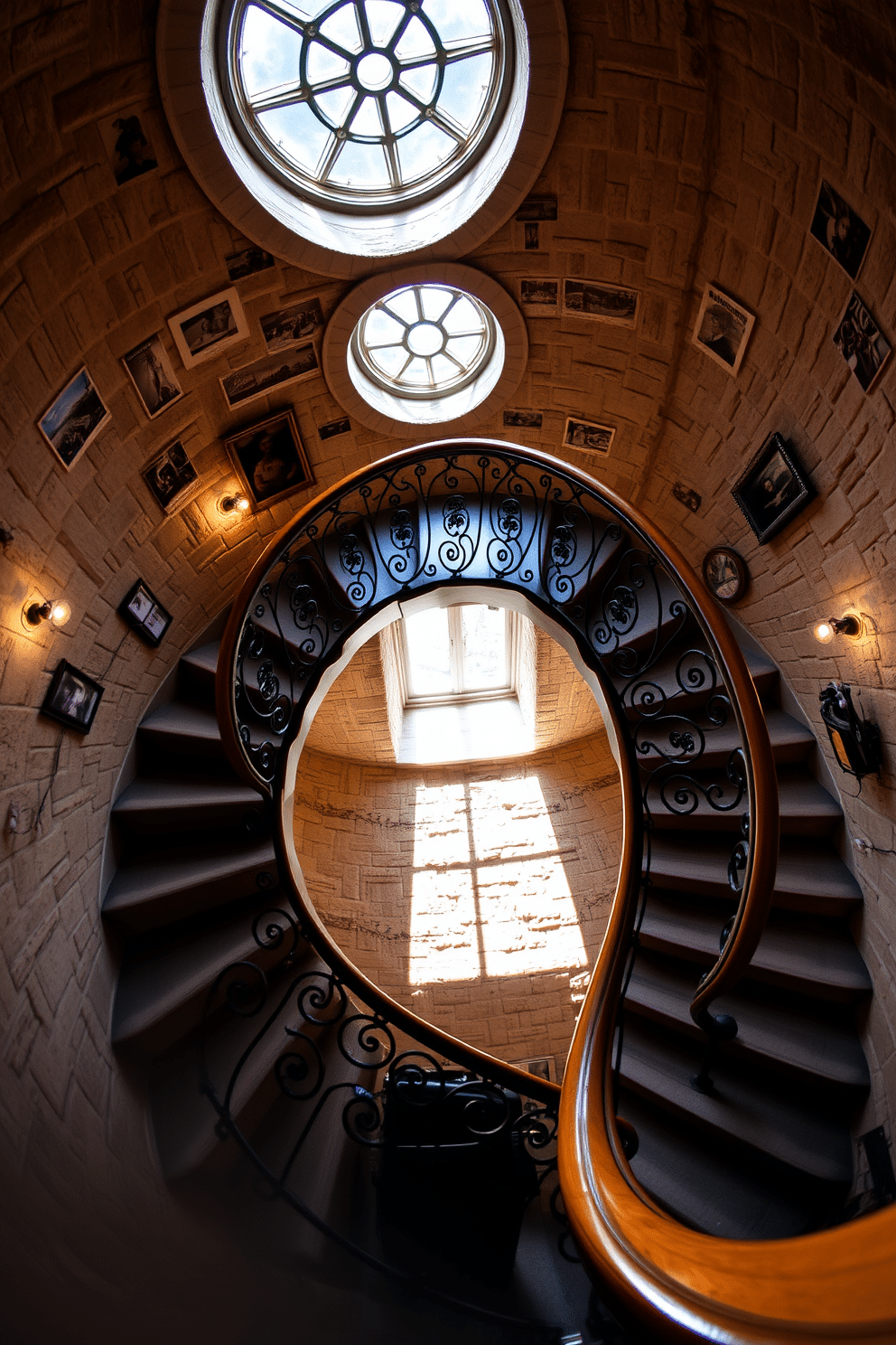 Classic spiral staircase in a turret. The staircase features ornate wrought iron railings and a polished wooden handrail that spirals gracefully upwards. Sunlight filters through a large circular window at the top, illuminating the intricate details of the staircase. The turret's stone walls are adorned with vintage photographs and soft, ambient lighting, creating a warm and inviting atmosphere.