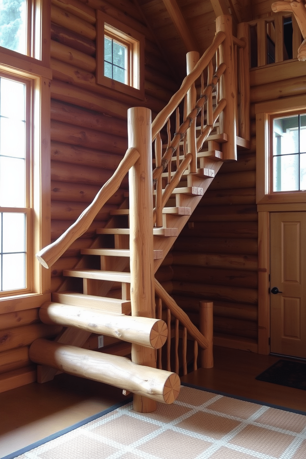 A rustic log staircase ascends gracefully in a cozy mountain cabin, crafted from sturdy logs that showcase their natural textures and knots. The surrounding walls are adorned with warm wood paneling, and large windows allow sunlight to filter in, illuminating the inviting space. The staircase features a unique design with handrails made from twisted branches, adding a touch of organic charm. Below, a woven rug in earthy tones complements the rustic aesthetic, enhancing the cabin's warm and welcoming atmosphere.