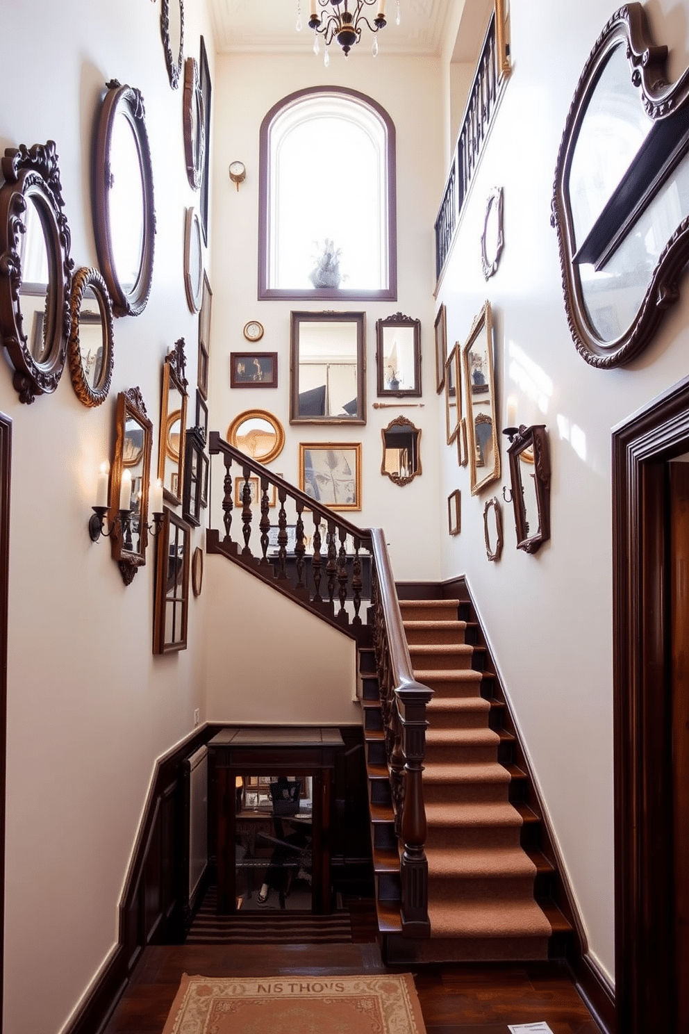 A grand staircase features a series of antique mirrors arranged artfully along the walls, reflecting the natural light that floods the space. The staircase itself is crafted from rich mahogany, with intricate carvings on the balustrade, leading up to a beautifully lit landing adorned with vintage decor. At the base of the staircase, a plush runner in muted tones complements the wood, while elegant wall sconces provide a warm glow. The mirrors vary in size and frame style, creating a gallery effect that adds depth and character to the vintage-inspired design.