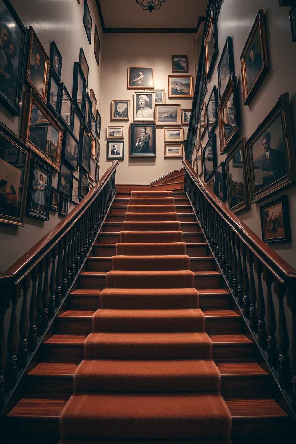 A grand staircase adorned with vintage artwork, showcasing a collection of framed paintings and photographs along the walls. The staircase features rich wooden steps with a polished banister, creating an inviting atmosphere. Soft, ambient lighting highlights the artwork, casting gentle shadows that enhance the vintage aesthetic. A plush runner in warm tones runs down the center of the staircase, adding comfort and style to the overall design.