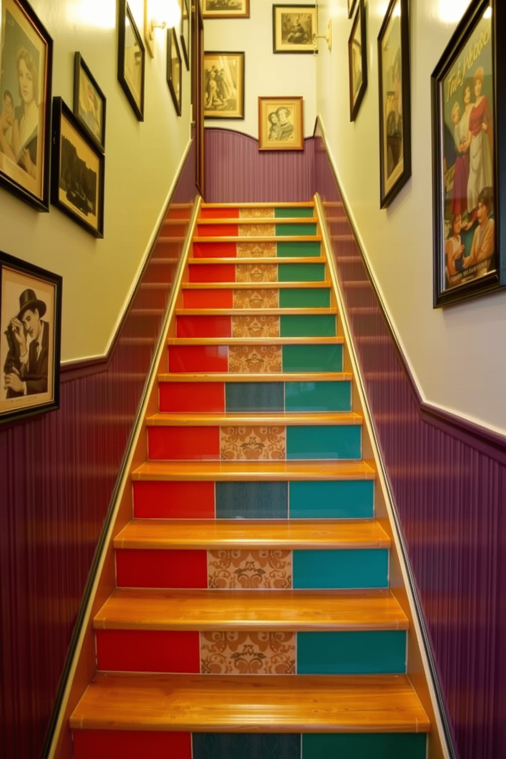 A retro staircase features vibrant, patterned risers that create a playful visual impact. The wooden treads are polished to a shine, contrasting beautifully with the eclectic colors and designs of the risers. Surrounding the staircase, the walls are adorned with framed vintage artwork, enhancing the nostalgic atmosphere. Soft lighting from a nearby fixture casts a warm glow, inviting guests to explore the unique charm of the space.