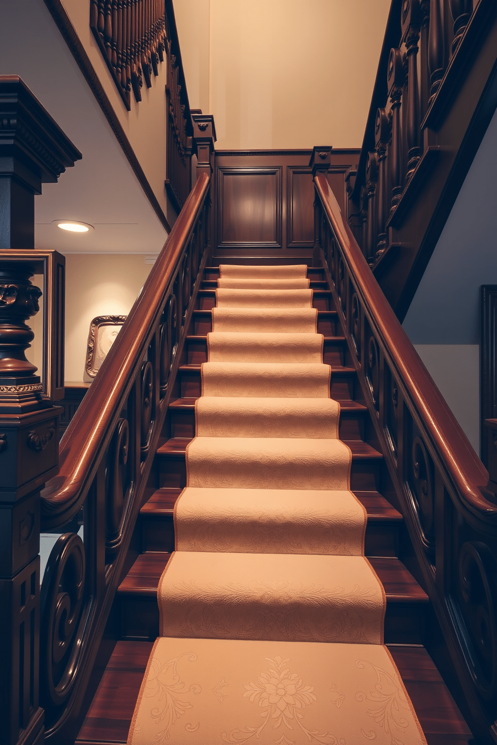 An elegant staircase features intricate floral motifs carved into the wooden banister, showcasing craftsmanship and sophistication. The steps are adorned with a plush runner that complements the floral design, creating a seamless flow between the staircase and the surrounding decor. Vintage elements are highlighted with ornate spindles and a rich, dark wood finish that exudes timeless charm. Soft, ambient lighting illuminates the staircase, enhancing the beauty of the floral details and inviting guests to ascend.