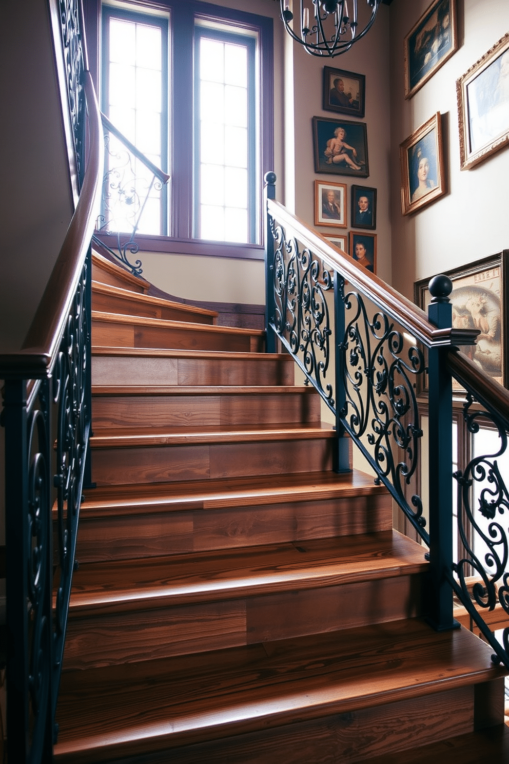 A stunning staircase featuring reclaimed wood steps that exude warmth and character. The handrail is crafted from wrought iron, showcasing intricate designs that complement the rustic charm of the wood. Natural light floods the space through a large window, highlighting the unique grain patterns of the reclaimed wood. The walls are adorned with vintage artwork, adding a touch of elegance to the overall design.