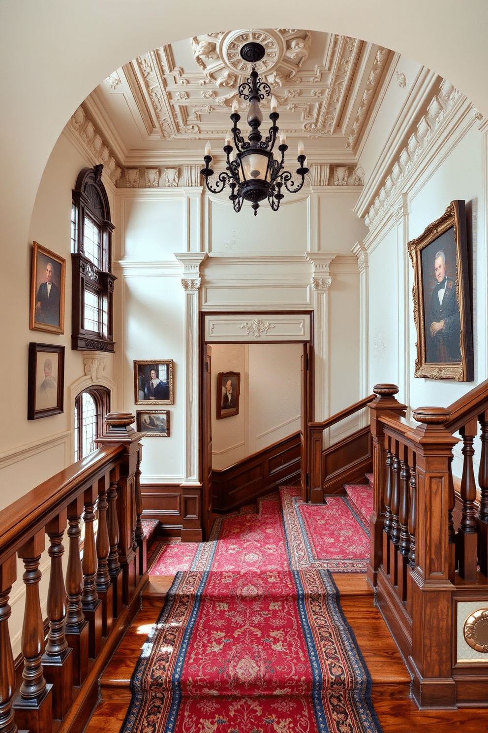 A grand Victorian-style staircase features intricately carved wooden banisters and balusters, showcasing the craftsmanship of the era. The staircase is adorned with a rich, patterned carpet runner that adds warmth and elegance, leading up to a beautifully detailed ceiling with a stunning chandelier. The walls alongside the staircase are painted in a soft cream color, accentuating the ornate moldings and trim. Framed vintage portraits line the walls, adding character and a touch of history to the elegant design.