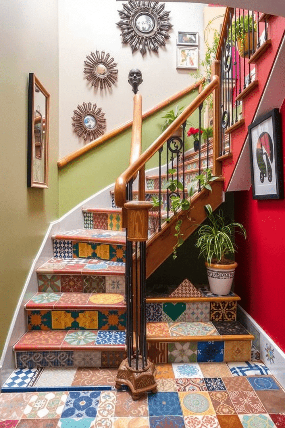 A quirky staircase features a mix of vibrant, mismatched patterns that create a playful atmosphere. The steps are adorned with colorful tiles, while the railing showcases an eclectic combination of materials, including wood and wrought iron. The walls alongside the staircase are painted in a bold hue, enhancing the whimsical character of the space. Decorative wall art and plants are strategically placed to complement the unique design, making the staircase a focal point of the home.